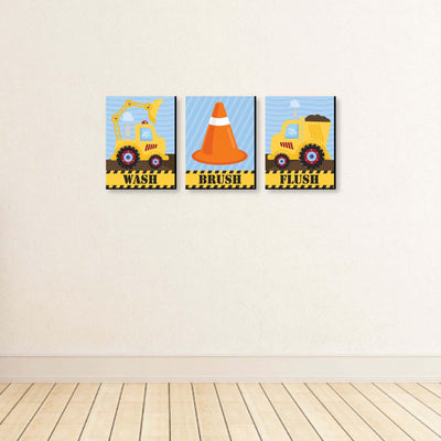 Construction Truck - Kids Bathroom Rules Wall Art - 7.5 x 10 inches - Set of 3 Signs - Wash, Brush, Flush