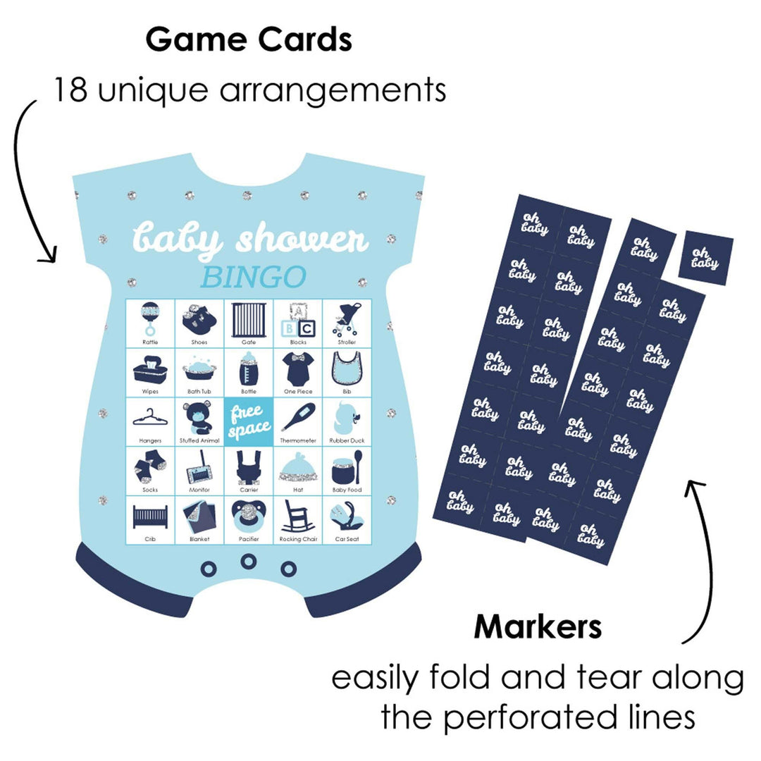 Hello Little One - Blue and Silver - Picture Bingo Cards and Markers - Boy Baby Shower Shaped Bingo Game - Set of 18