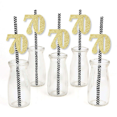 Gold Glitter 70 Party Straws - No-Mess Real Gold Glitter Cut-Out Numbers & Decorative 70th Birthday Party Paper Straws - Set of 24