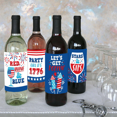 Firecracker 4th of July - Red, White and Royal Blue Party Decorations for Women and Men - Wine Bottle Label Stickers - Set of 4