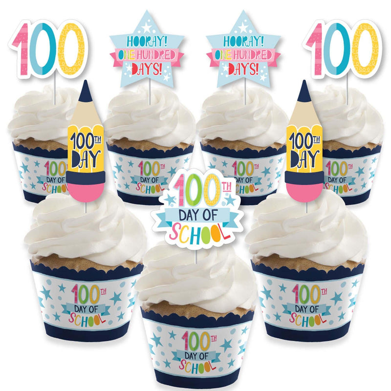 Happy 100th Day of School - Cupcake Decoration - 100 Days Party Cupcake Wrappers and Treat Picks Kit - Set of 24