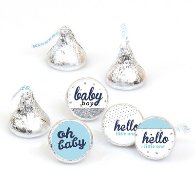 Hello Little One - Blue and Silver - Round Candy Labels Party Favors - Fits Hershey's Kisses - 108 ct