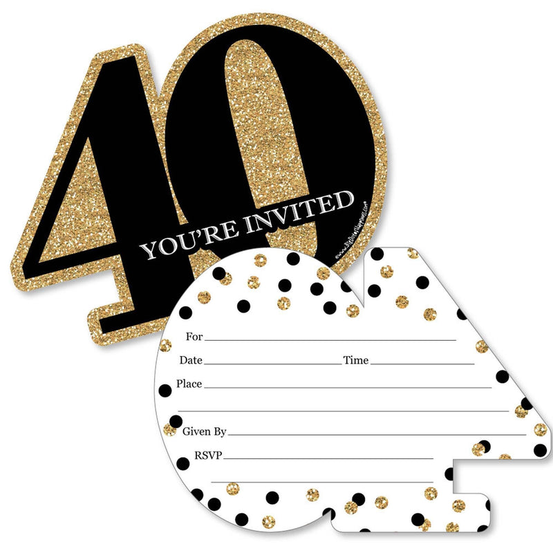 Adult 40th Birthday - Gold - Shaped Fill-In Invitations - Birthday Party Invitation Cards with Envelopes - Set of 12