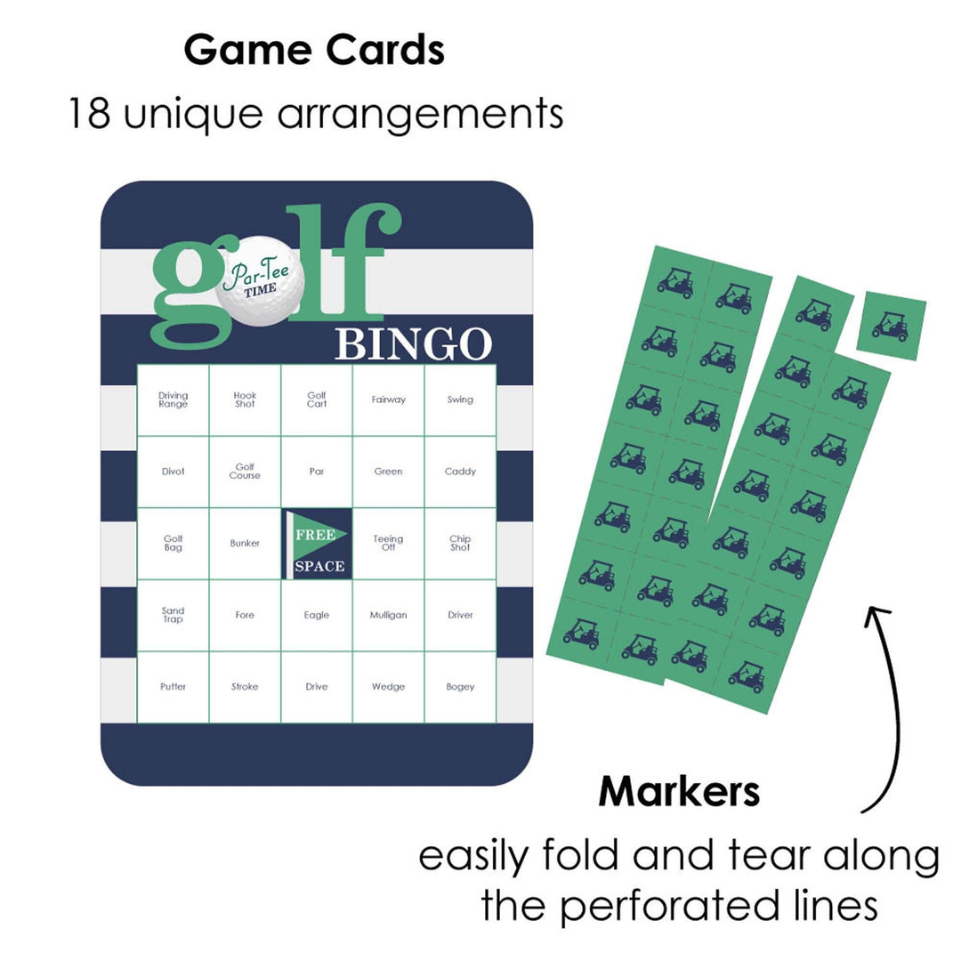 Par-Tee Time - Golf Bingo Cards and Markers - Birthday or Retirement Party Bingo Game - Set of 18