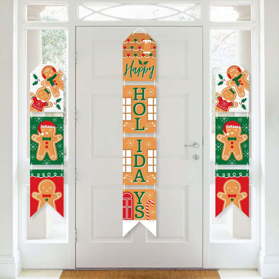 Gingerbread Christmas - Hanging Vertical Paper Door Banners - Gingerbread Man Holiday Party Wall Decoration Kit - Indoor Door Decor