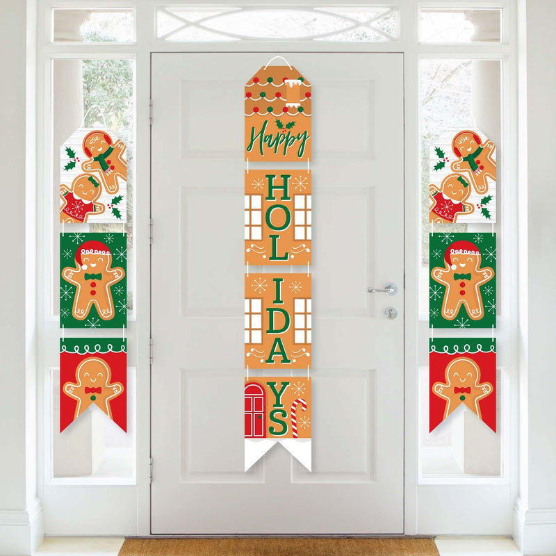 Gingerbread Christmas - Hanging Vertical Paper Door Banners - Gingerbread Man Holiday Party Wall Decoration Kit - Indoor Door Decor