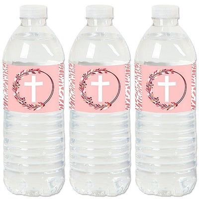 Pink Elegant Cross - Girl Religious Party Water Bottle Sticker Labels - Set of 20