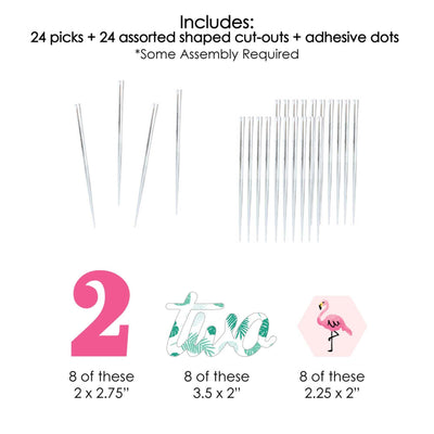 2nd Birthday Pink Flamingo - Dessert Cupcake Toppers - Tropical Second Birthday Party Clear Treat Picks - Set of 24
