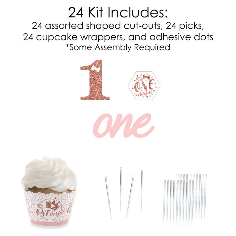 1st Birthday Little Miss Onederful - Cupcake Decoration - Girl First Birthday Party Cupcake Wrappers and Treat Picks Kit - Set of 24