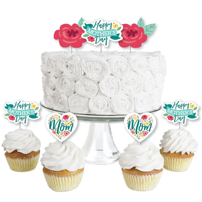 Colorful Floral Happy Mother's Day - Dessert Cupcake Toppers - We Love Mom Party Clear Treat Picks - Set of 24