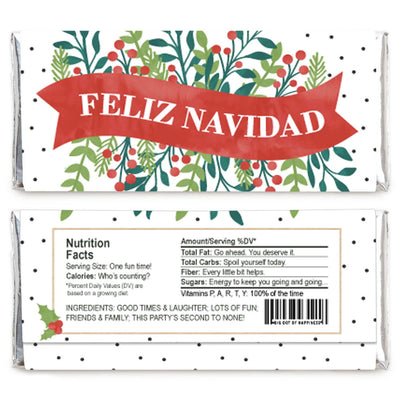 Feliz Navidad - Candy Bar Wrapper Holiday and Spanish Christmas Party Favors - Set of 24