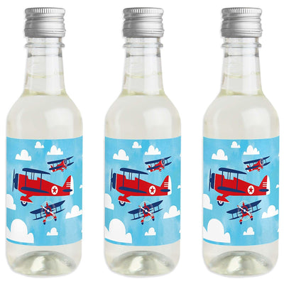 Taking Flight - Airplane - Mini Wine and Champagne Bottle Label Stickers - Vintage Plane Baby Shower or Birthday Party Favor Gift for Women and Men - Set of 16