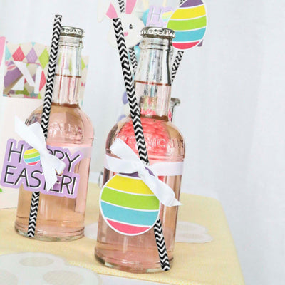 Hippity Hoppity - Easter Bunny Paper Straw Decor - Easter Party Striped Decorative Straws - Set of 24