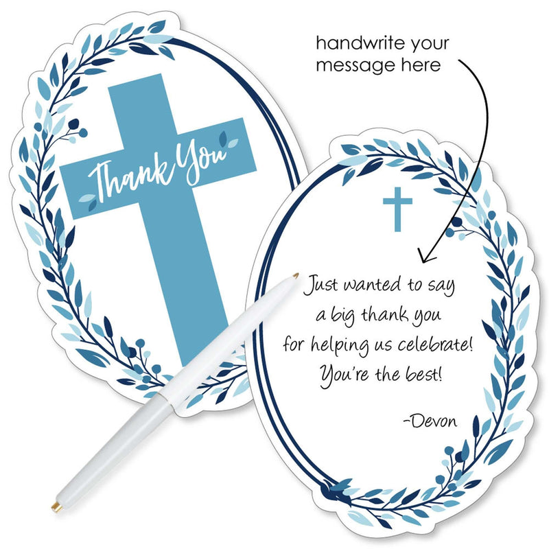 Blue Elegant Cross - Shaped Thank You Cards - Boy Religious Party Thank You Note Cards with Envelopes - Set of 12