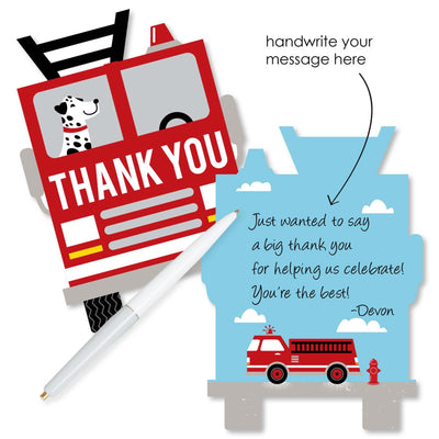 Fired Up Fire Truck - Shaped Thank You Cards - Firefighter Firetruck Baby Shower or Birthday Party Thank You Note Cards with Envelopes - Set of 12