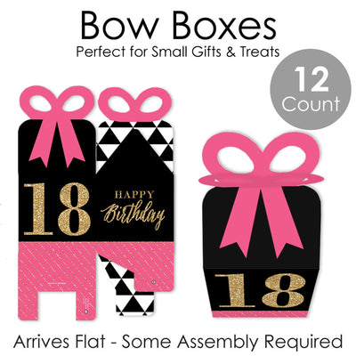 Chic 18th Birthday - Pink, Black and Gold - Square Favor Gift Boxes - Birthday Party Bow Boxes - Set of 12