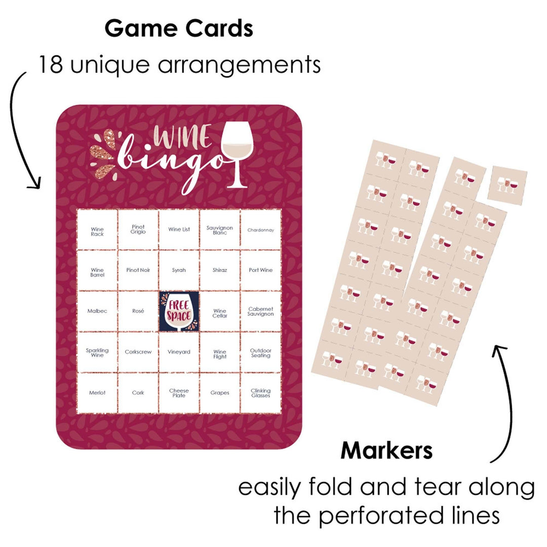 But First, Wine - Bingo Cards and Markers - Wine Tasting Party Shaped Bingo Game - Set of 18