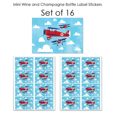 Taking Flight - Airplane - Mini Wine and Champagne Bottle Label Stickers - Vintage Plane Baby Shower or Birthday Party Favor Gift for Women and Men - Set of 16