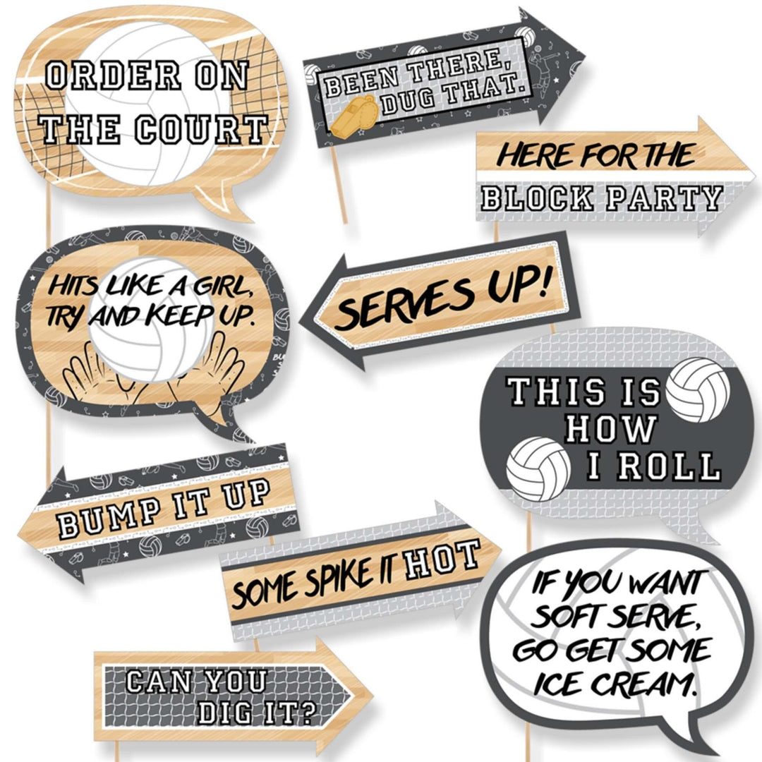 A set of 10 printed and cut photo booth props related to volleyball with phrases such as 'Order on the court', 'Serves up', and 'Some spike it hot'.