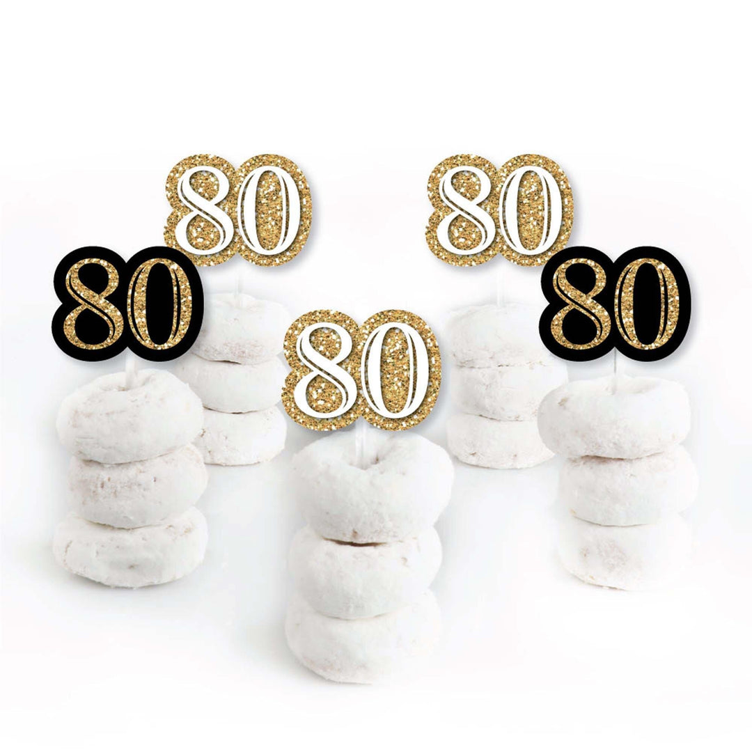 Adult 80th Birthday - Gold - Dessert Cupcake Toppers - Birthday Party Clear Treat Picks - Set of 24