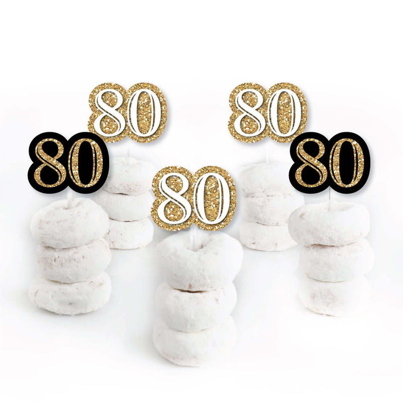 Adult 80th Birthday - Gold - Dessert Cupcake Toppers - Birthday Party Clear Treat Picks - Set of 24