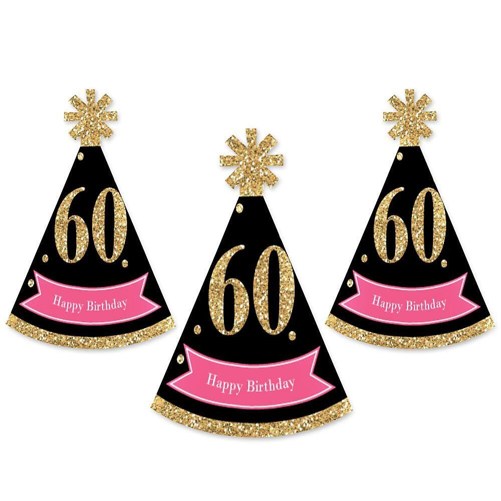 Chic 60th Birthday - Pink, Black and Gold - Mini Cone Birthday Party Hats - Small Little Party Hats - Set of 8