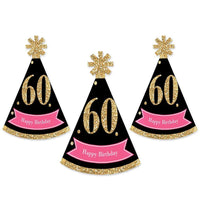 Chic 60th Birthday - Pink, Black and Gold - Mini Cone Birthday Party Hats - Small Little Party Hats - Set of 8