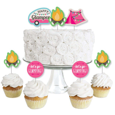 Let's Go Glamping - Dessert Cupcake Toppers - Camp Glamp Party or Birthday Party Clear Treat Picks - Set of 24