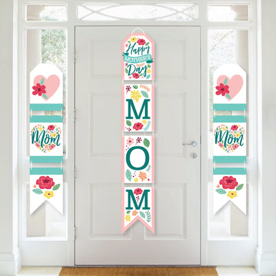 Colorful Floral Happy Mother's Day - Hanging Vertical Paper Door Banners - We Love Mom Party Wall Decoration Kit - Indoor Door Decor