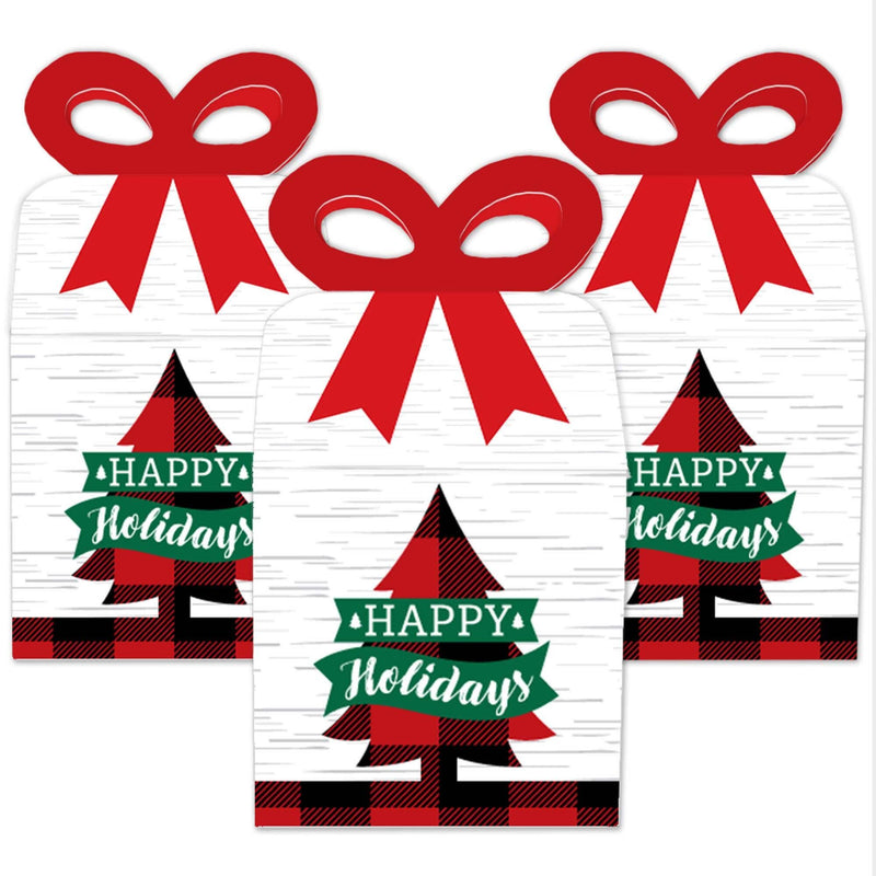 Holiday Plaid Trees - Square Favor Gift Boxes - Buffalo Plaid Christmas Party Bow Boxes - Set of 12
