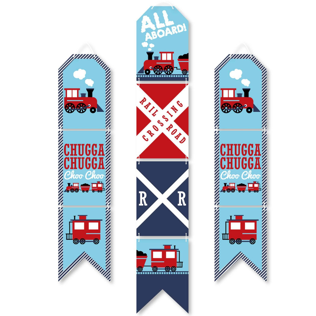 Railroad Party Crossing - Hanging Vertical Paper Door Banners - Steam Train Birthday Party or Baby Shower Wall Decoration Kit - Indoor Door Decor