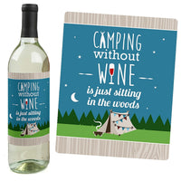 Happy Camper - Camping Baby Shower or Birthday Party Decorations for Women and Men - Wine Bottle Label Stickers - Set of 4