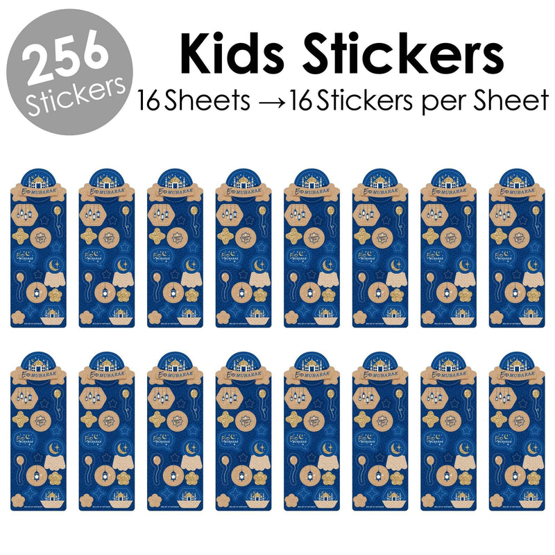 Ramadan - Eid Mubarak Party Favor Kids Stickers - 16 Sheets - 256 Stickers