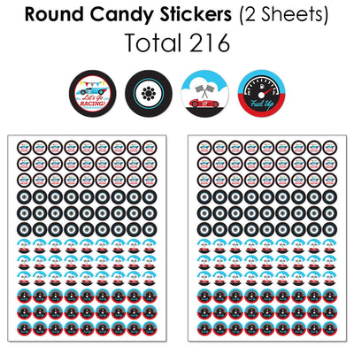 Let's Go Racing - Racecar - Mini Candy Bar Wrappers, Round Candy Stickers and Circle Stickers - Race Car Birthday Party or Baby Shower Candy Favor Sticker Kit - 304 Pieces
