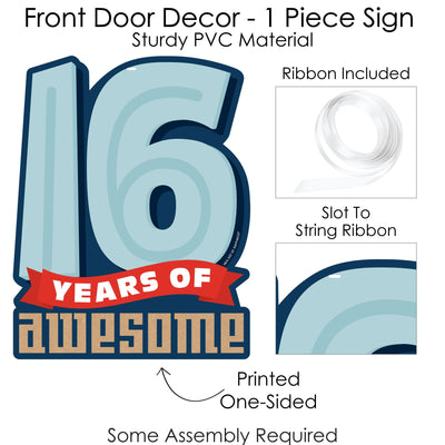 Boy 16th Birthday - Hanging Porch Sweet Sixteen Birthday Party Outdoor Decorations - Front Door Decor - 1 Piece Sign
