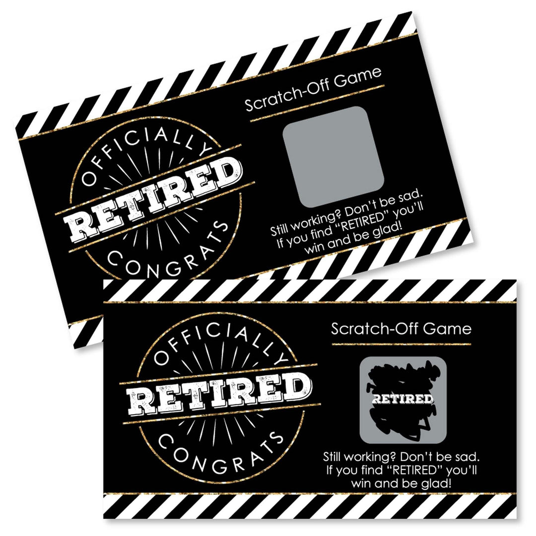 Two scratch-off game cards with retirement theme, one with 'WINNER' and the other with 'LOSER' labels, in a black and gold color scheme.