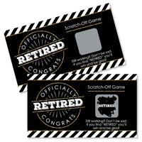 Two scratch-off game cards with retirement theme, one with 'WINNER' and the other with 'LOSER' labels, in a black and gold color scheme.