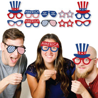 Patriotic Glasses - Paper Card Stock Memorial Day Party Photo Booth Props Kit - 10 Count