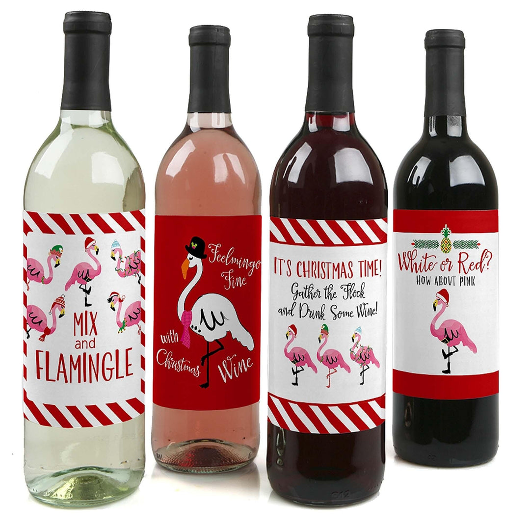 Four wine bottle labels with Christmas-themed flamingo designs in red and white colors, indicating different wine types with text like 'Mix and Flamingo' and 'It's Christmas Time'. The labels are shown on a white background.