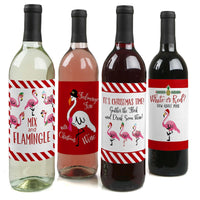 Four wine bottle labels with Christmas-themed flamingo designs in red and white colors, indicating different wine types with text like 'Mix and Flamingo' and 'It's Christmas Time'. The labels are shown on a white background.