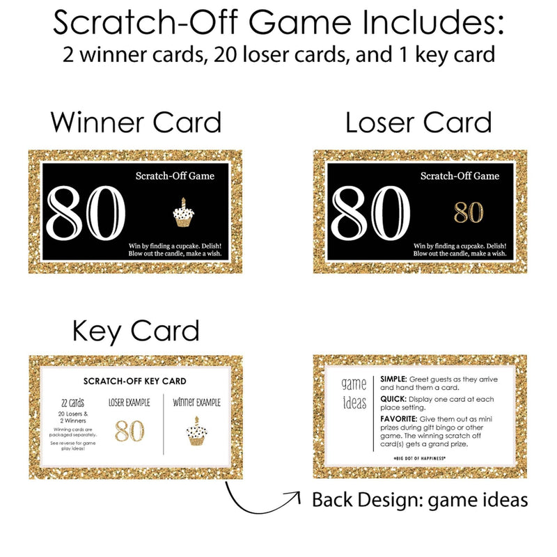 Adult 80th Birthday - Gold - Birthday Party Game Scratch Off Cards - 22 ct