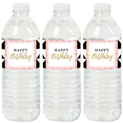 Chic Happy Birthday - Pink, Black and Gold - Birthday Party Water Bottle Sticker Labels - Set of 20
