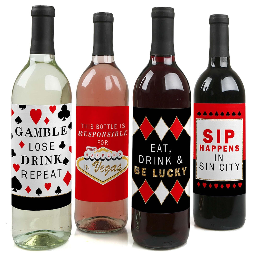 Las Vegas - Casino Party Decorations for Women and Men - Wine Bottle Label Stickers - Set of 4