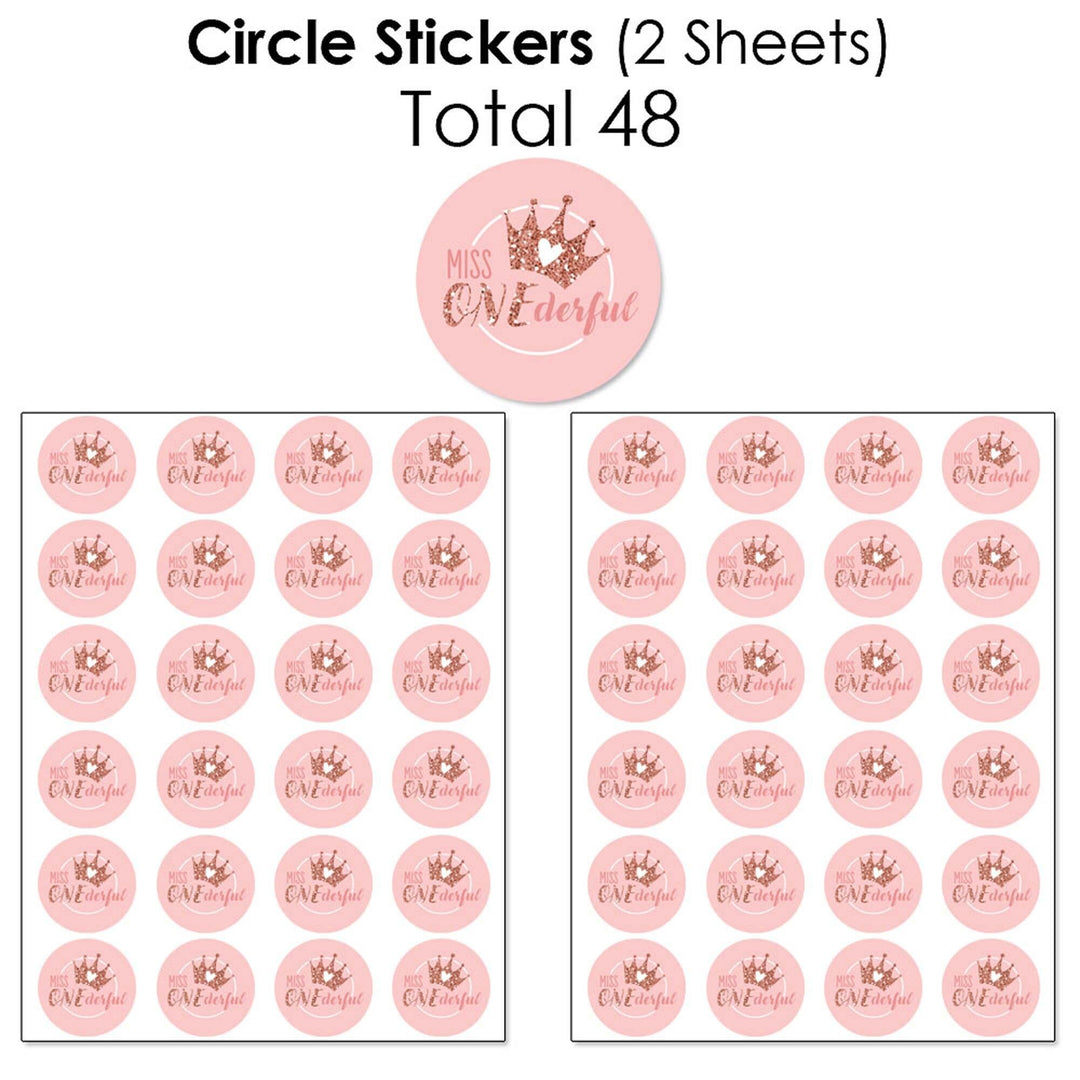 1st Birthday Little Miss Onederful - Mini Candy Bar Wrappers, Round Candy Stickers and Circle Stickers - Girl First Birthday Party Candy Favor Sticker Kit - 304 Pieces