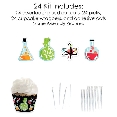 Scientist Lab - Cupcake Decoration - Mad Science Baby Shower or Birthday Party Cupcake Wrappers and Treat Picks Kit - Set of 24