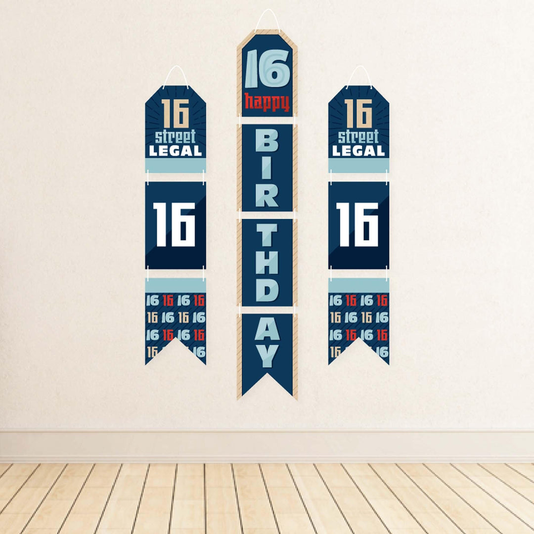 Boy 16th Birthday - Hanging Vertical Paper Door Banners - Sweet Sixteen Birthday Party Wall Decoration Kit - Indoor Door Decor