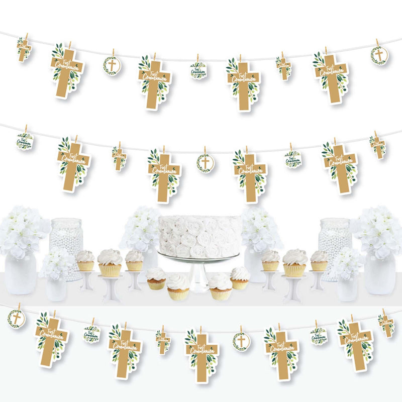 First Communion Elegant Cross - Religious Party DIY Decorations - Clothespin Garland Banner - 44 Pieces