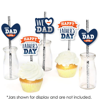 Happy Father's Day - Paper Straw Decor - We Love Dad Party Striped Decorative Straws - Set of 24