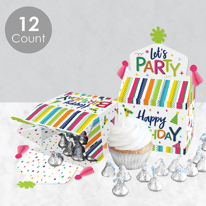 Cheerful Happy Birthday - Treat Box Party Favors - Colorful Birthday Party Goodie Gable Boxes - Set of 12