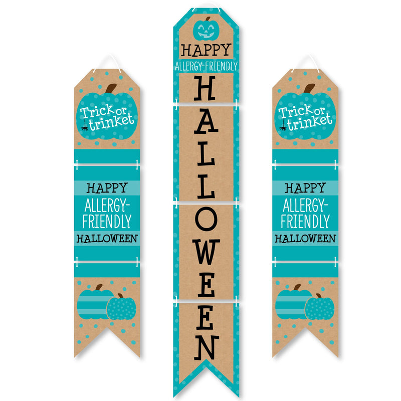 Teal Pumpkin - Hanging Vertical Paper Door Banners - Halloween Allergy Friendly Trick or Trinket Wall Decoration Kit - Indoor Door Decor